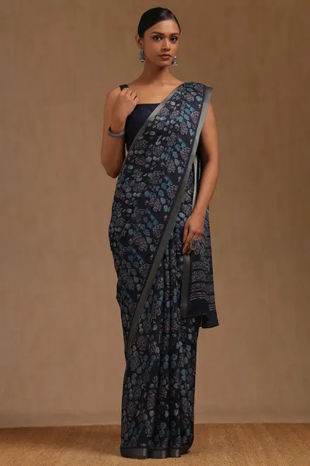 Navy Blue Georgette Botanical Print Saree